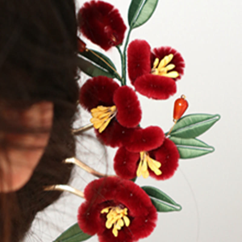 Classical Chinese Style Red Flower Blue Butterfly Hairpin Hair Clip Hair Comb Barrette