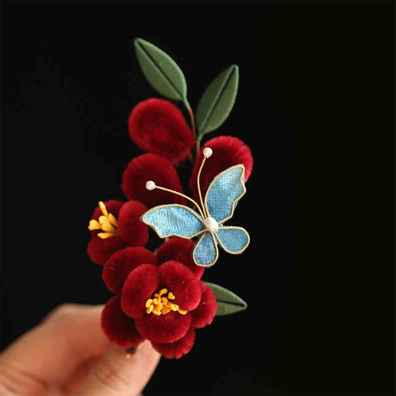 Classical Chinese Style Red Flower Blue Butterfly Hairpin Hair Clip Hair Comb Barrette