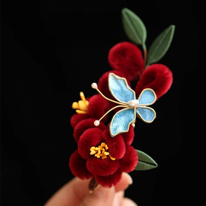 Classical Chinese Style Red Flower Blue Butterfly Hairpin Hair Clip Hair Comb Barrette