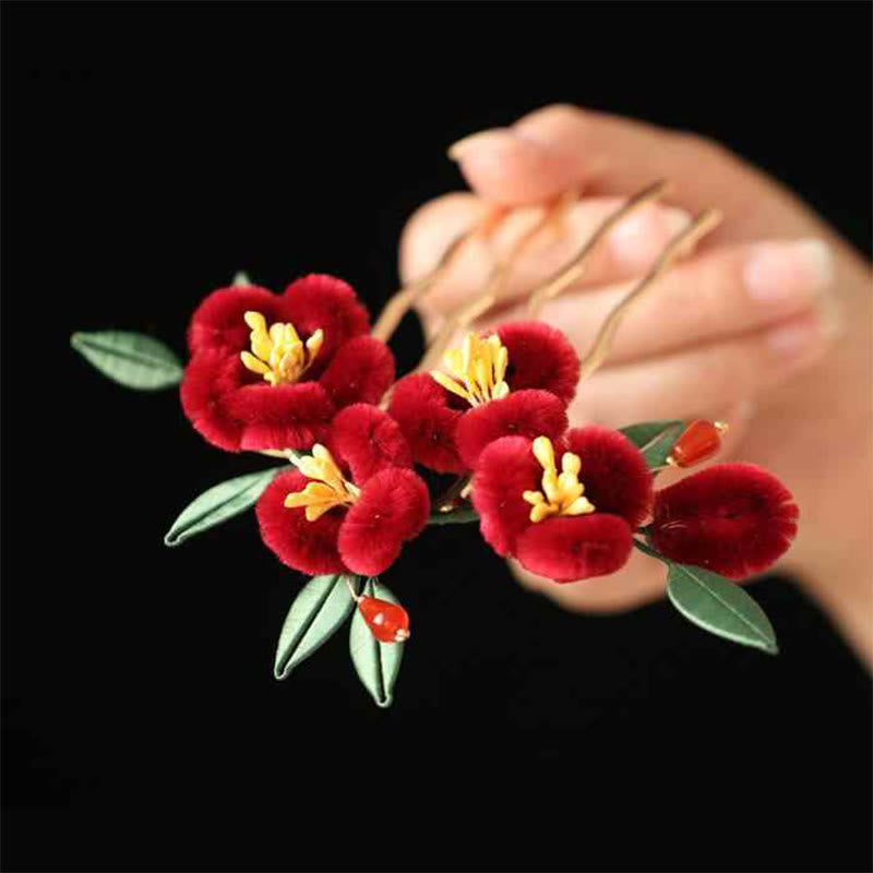 Classical Chinese Style Red Flower Blue Butterfly Hairpin Hair Clip Hair Comb Barrette