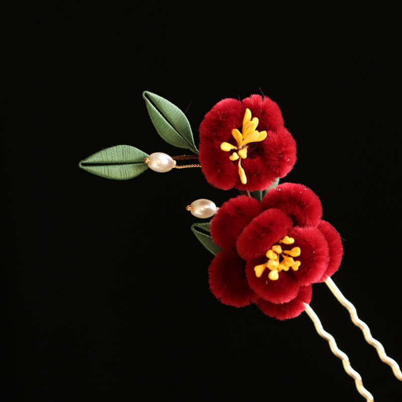 Classical Chinese Style Red Flower Blue Butterfly Hairpin Hair Clip Hair Comb Barrette