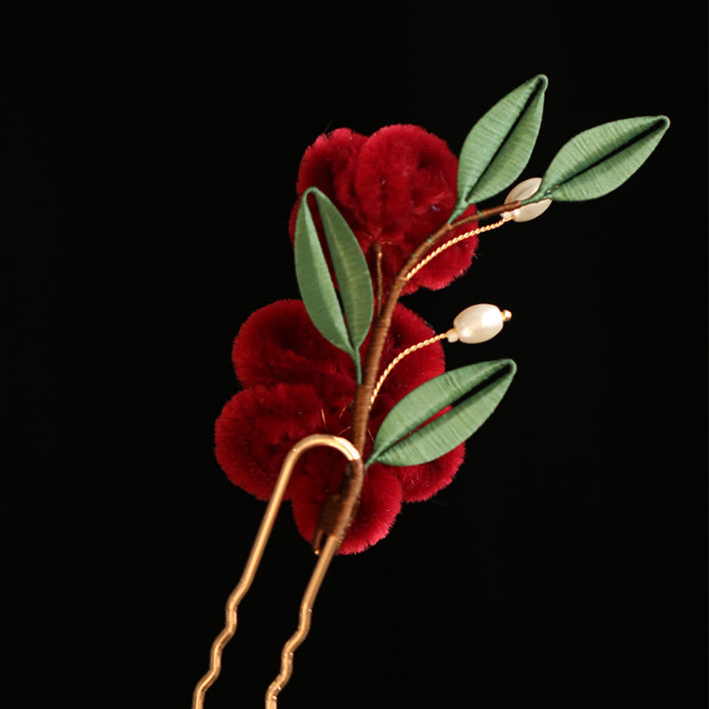 Classical Chinese Style Red Flower Blue Butterfly Hairpin Hair Clip Hair Comb Barrette