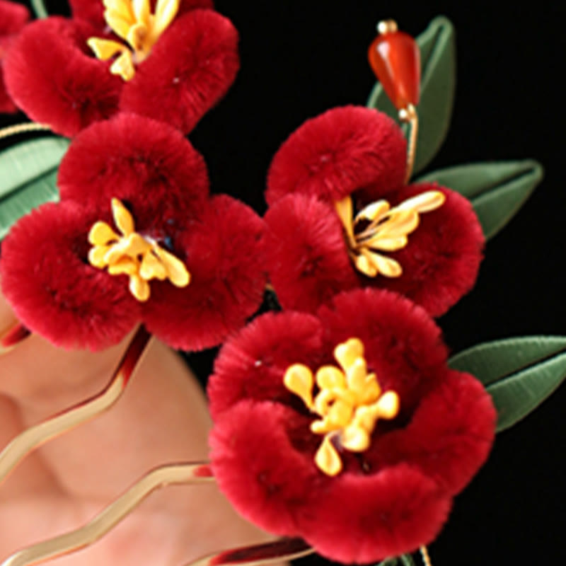 Classical Chinese Style Red Flower Blue Butterfly Hairpin Hair Clip Hair Comb Barrette