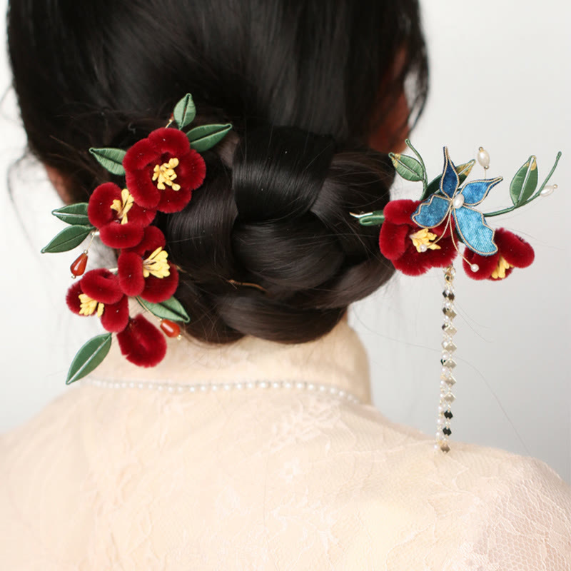 Classical Chinese Style Red Flower Blue Butterfly Hairpin Hair Clip Hair Comb Barrette
