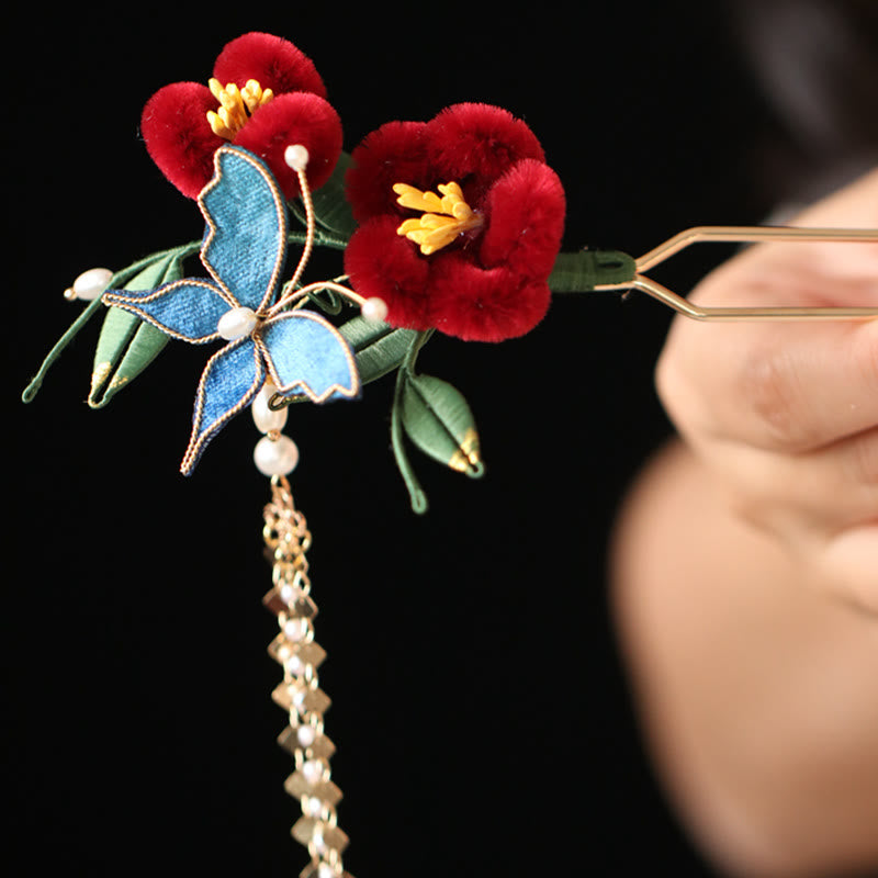 Classical Chinese Style Red Flower Blue Butterfly Hairpin Hair Clip Hair Comb Barrette