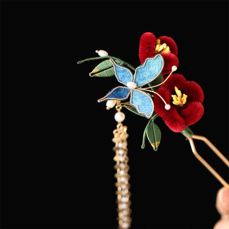 Classical Chinese Style Red Flower Blue Butterfly Hairpin Hair Clip Hair Comb Barrette