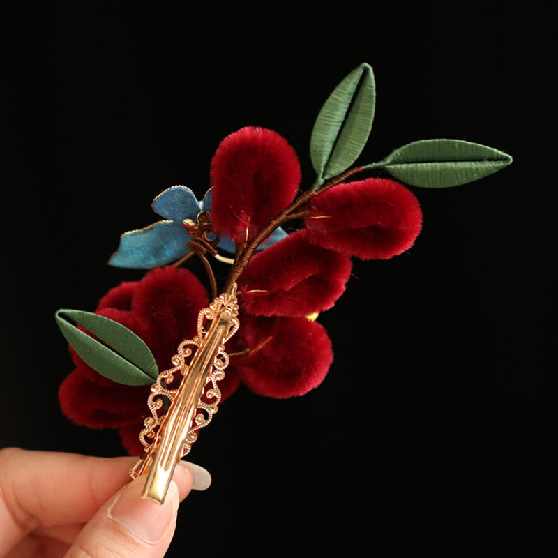 Classical Chinese Style Red Flower Blue Butterfly Hairpin Hair Clip Hair Comb Barrette