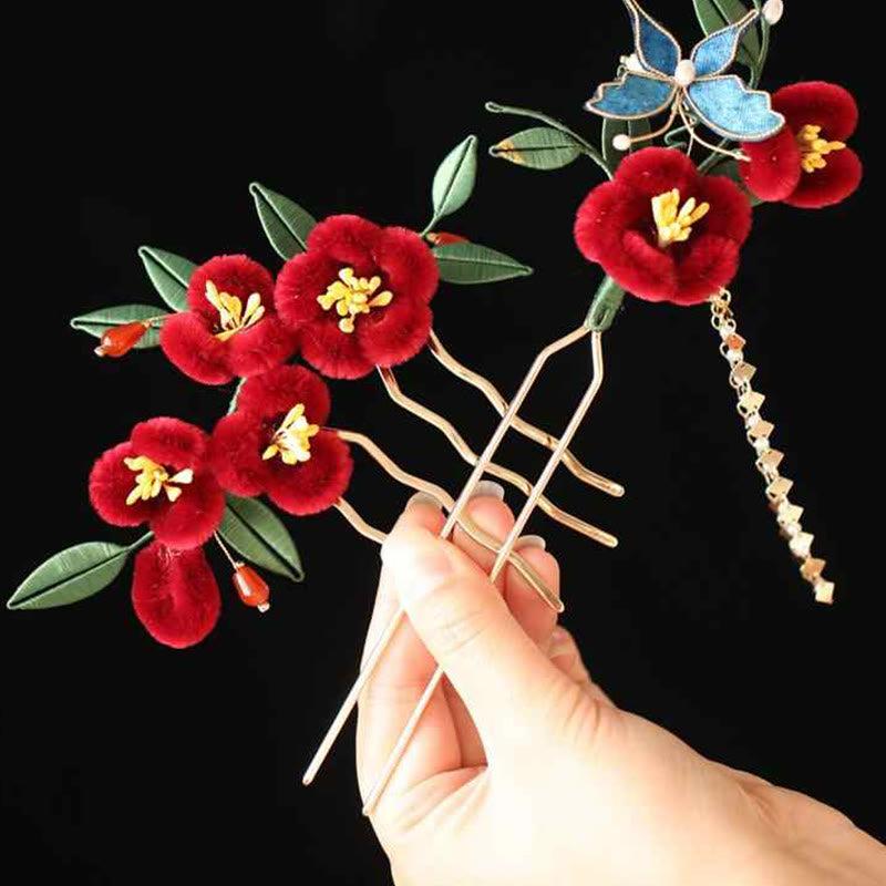 Classical Chinese Style Red Flower Blue Butterfly Hairpin Hair Clip Hair Comb Barrette