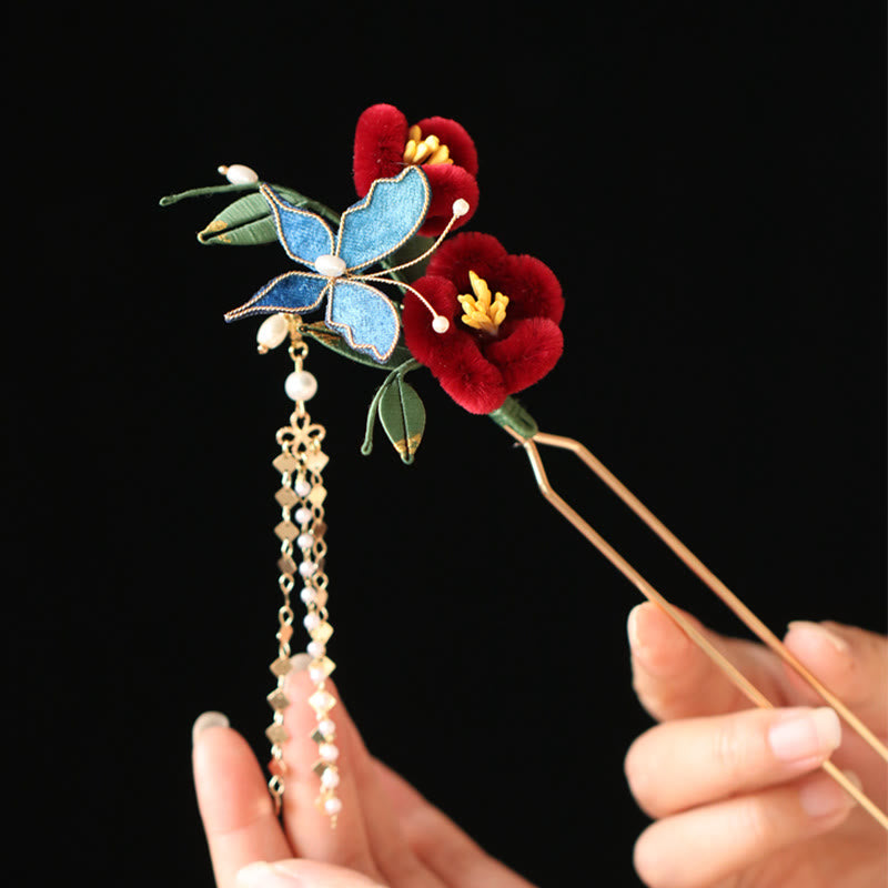 Classical Chinese Style Red Flower Blue Butterfly Hairpin Hair Clip Hair Comb Barrette