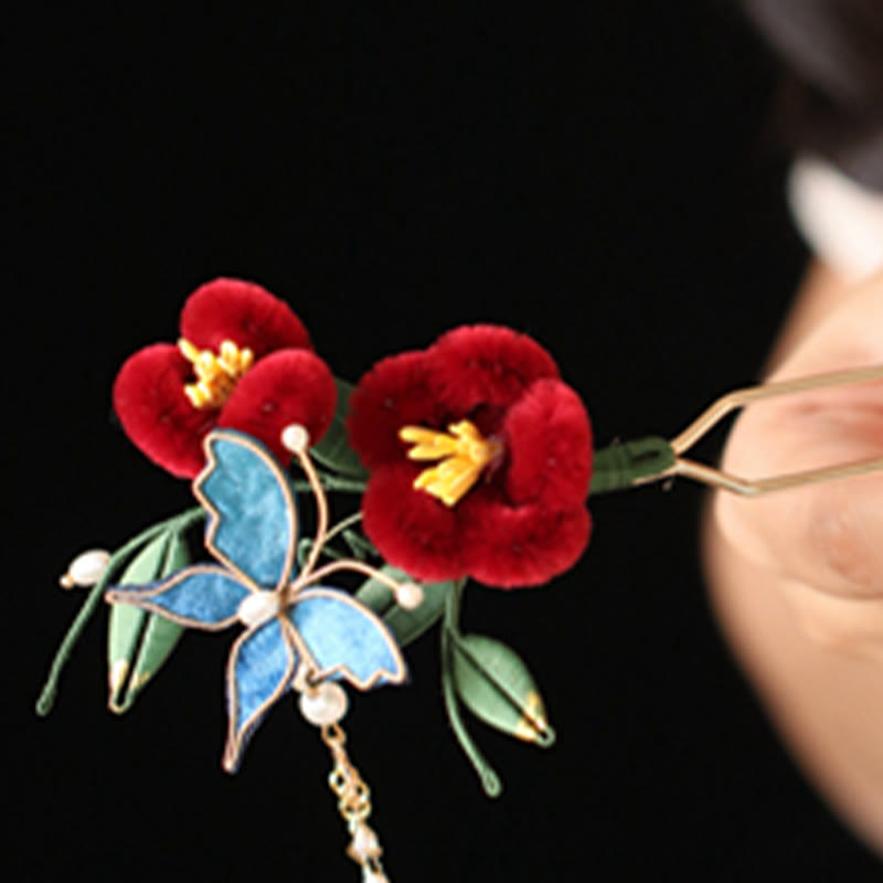 Classical Chinese Style Red Flower Blue Butterfly Hairpin Hair Clip Hair Comb Barrette