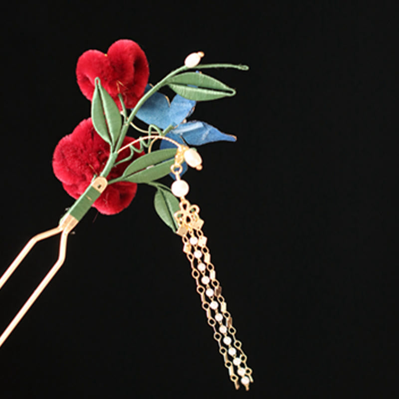 Classical Chinese Style Red Flower Blue Butterfly Hairpin Hair Clip Hair Comb Barrette