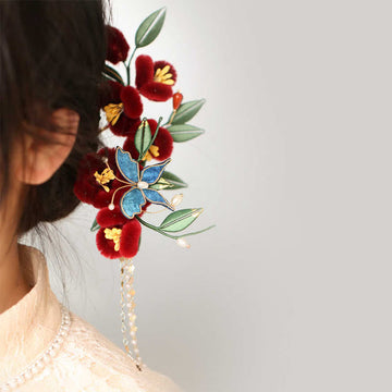 Classical Chinese Style Red Flower Blue Butterfly Hairpin Hair Clip Hair Comb Barrette
