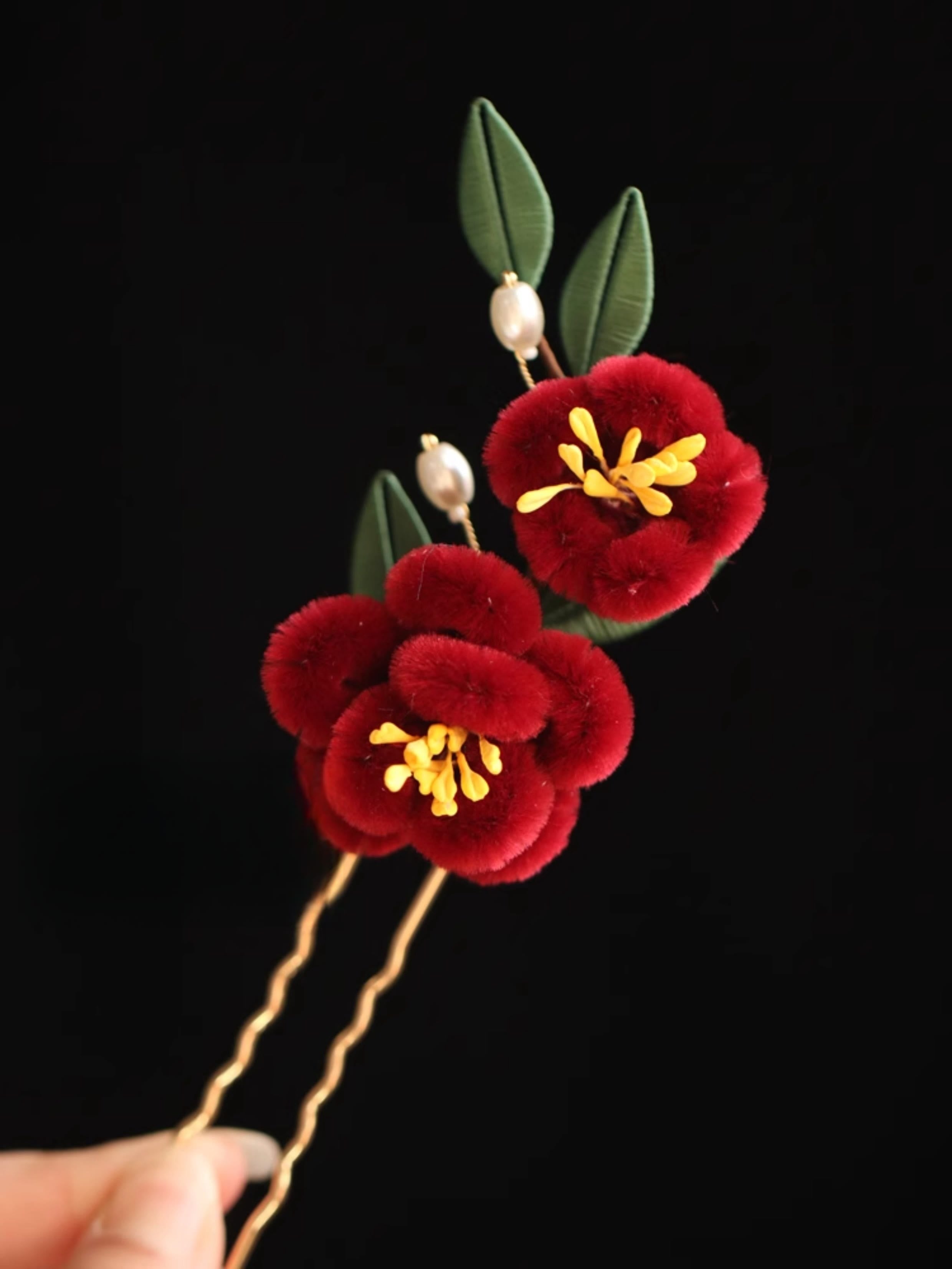 Classical Chinese Style Red Flower Blue Butterfly Hairpin Hair Clip Hair Comb Barrette