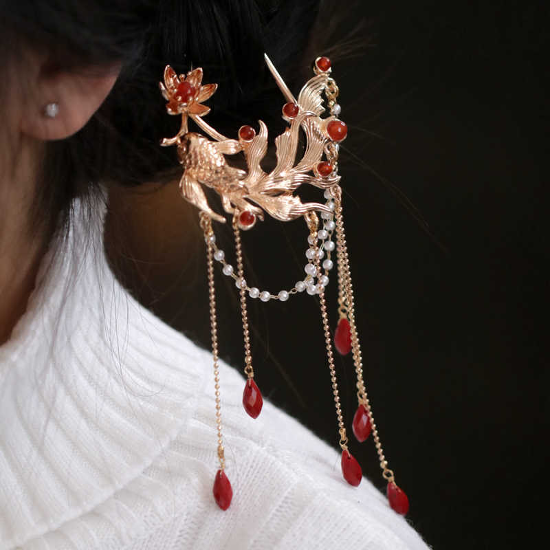 Chinese Style Koi Fish Flower Tassel Red Agate Copper Gold Plated Hairpin Hair Comb