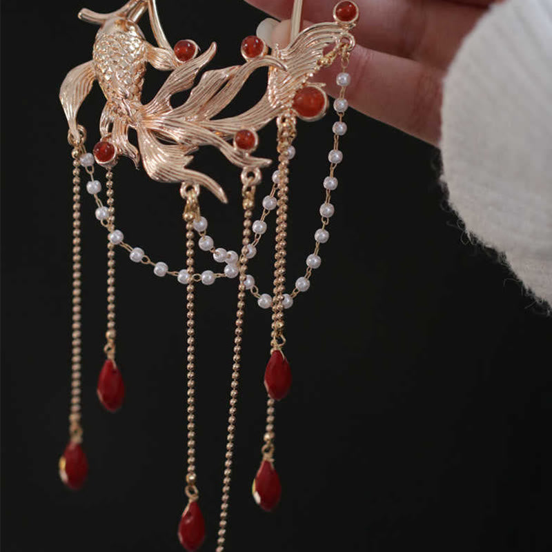Chinese Style Koi Fish Flower Tassel Red Agate Copper Gold Plated Hairpin Hair Comb