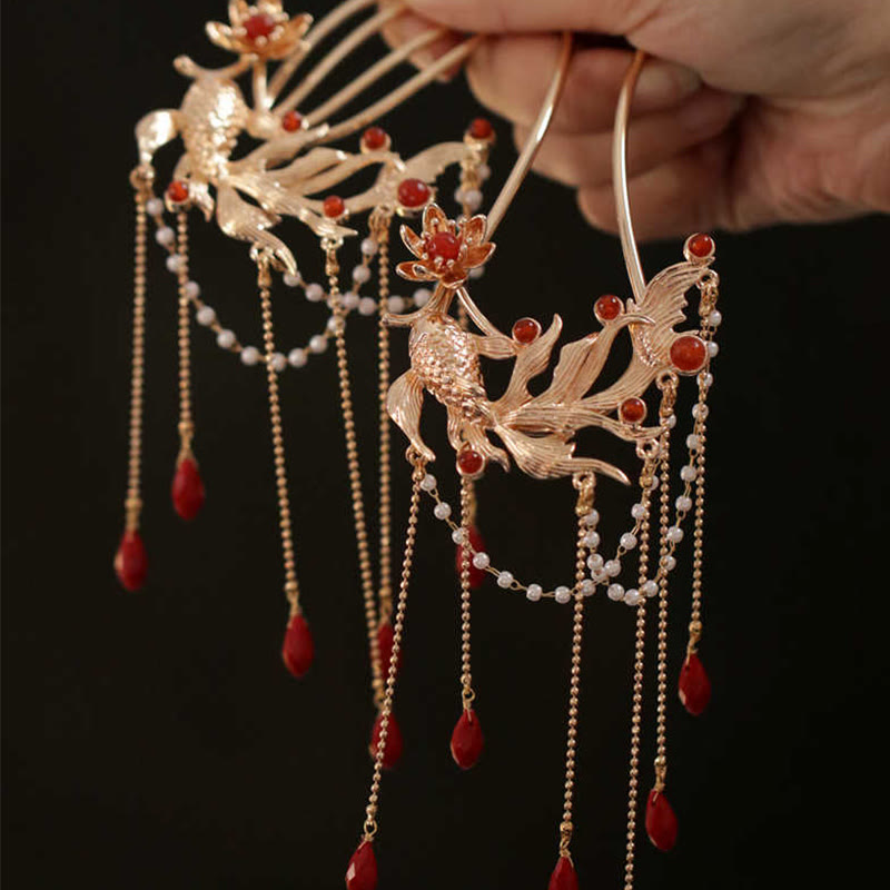 Chinese Style Koi Fish Flower Tassel Red Agate Copper Gold Plated Hairpin Hair Comb