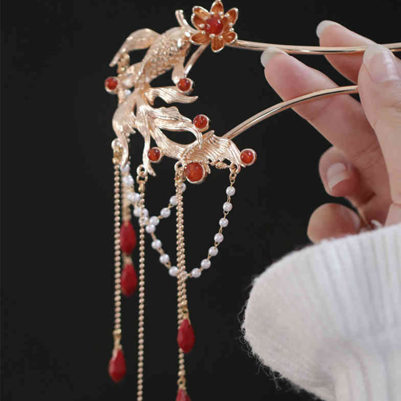 Chinese Style Koi Fish Flower Tassel Red Agate Copper Gold Plated Hairpin Hair Comb