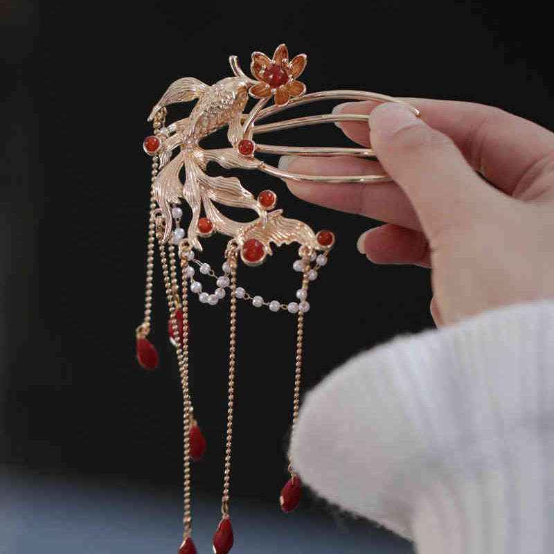 Chinese Style Koi Fish Flower Tassel Red Agate Copper Gold Plated Hairpin Hair Comb