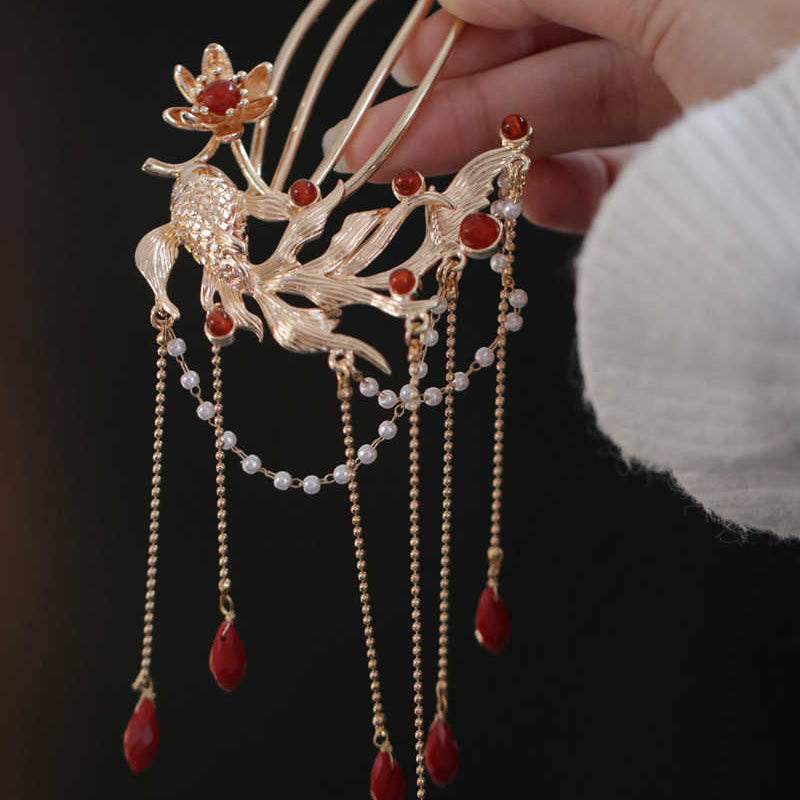 Chinese Style Koi Fish Flower Tassel Red Agate Copper Gold Plated Hairpin Hair Comb