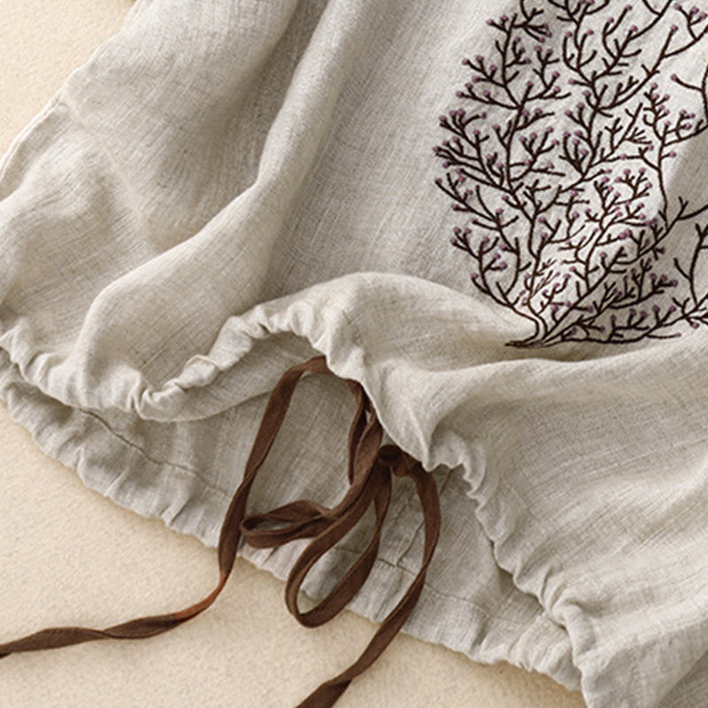 Casual Embroidery Tree Drawstring Women's Crew Neck Design Half Sleeve Cotton LinenT-Shirt
