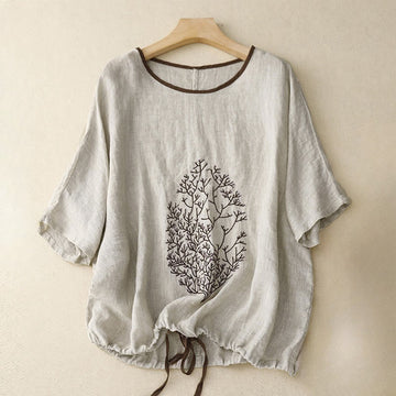 Casual Embroidery Tree Drawstring Women's Crew Neck Design Half Sleeve Cotton LinenT-Shirt