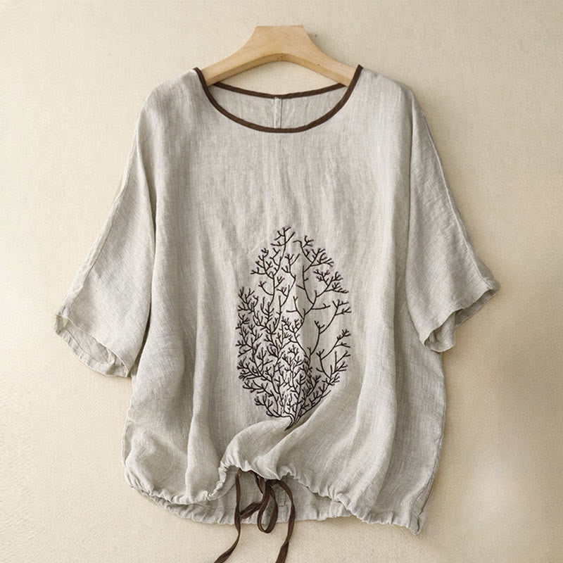 Casual Embroidery Tree Drawstring Women's Crew Neck Design Half Sleeve Cotton LinenT-Shirt