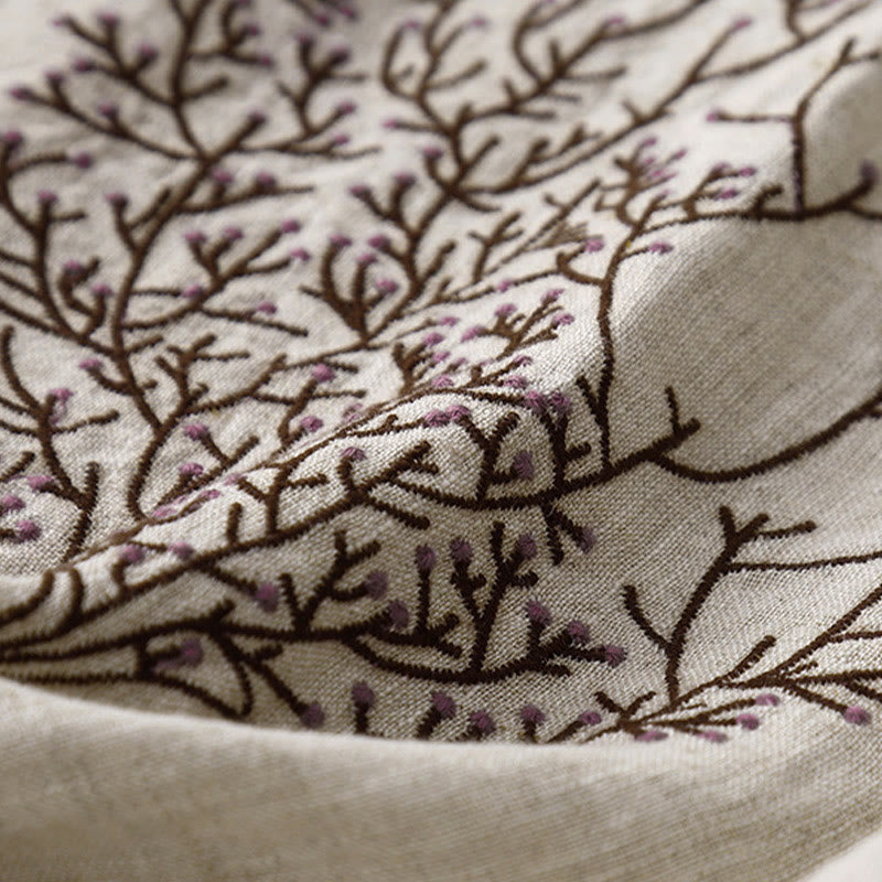 Casual Embroidery Tree Drawstring Women's Crew Neck Design Half Sleeve Cotton LinenT-Shirt