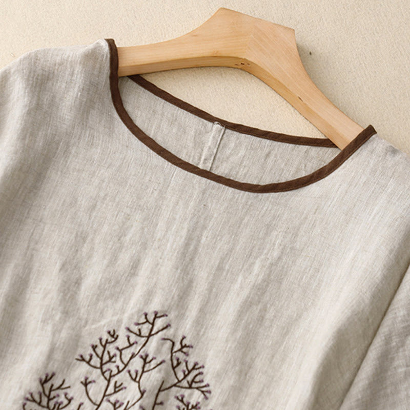 Casual Embroidery Tree Drawstring Women's Crew Neck Design Half Sleeve Cotton LinenT-Shirt