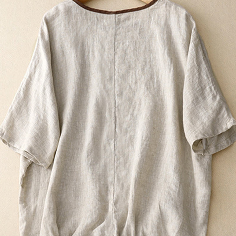 Casual Embroidery Tree Drawstring Women's Crew Neck Design Half Sleeve Cotton LinenT-Shirt