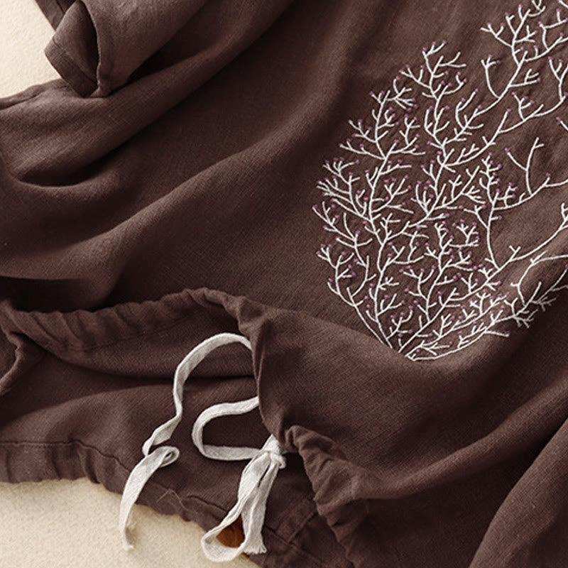 Casual Embroidery Tree Drawstring Women's Crew Neck Design Half Sleeve Cotton LinenT-Shirt