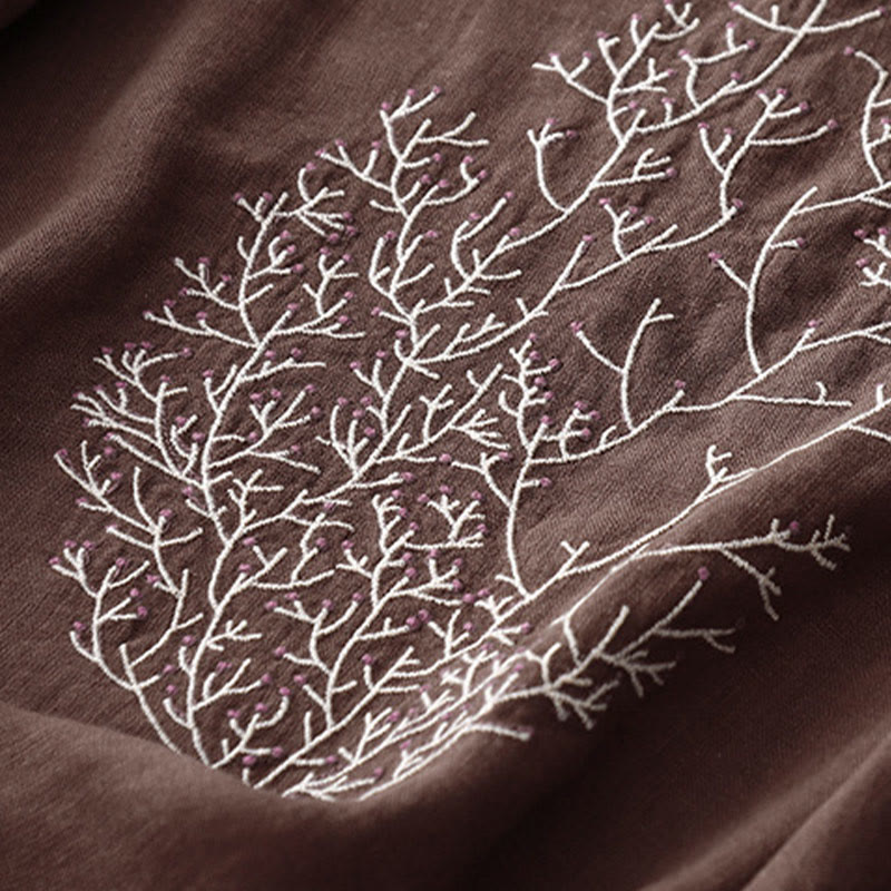 Casual Embroidery Tree Drawstring Women's Crew Neck Design Half Sleeve Cotton LinenT-Shirt