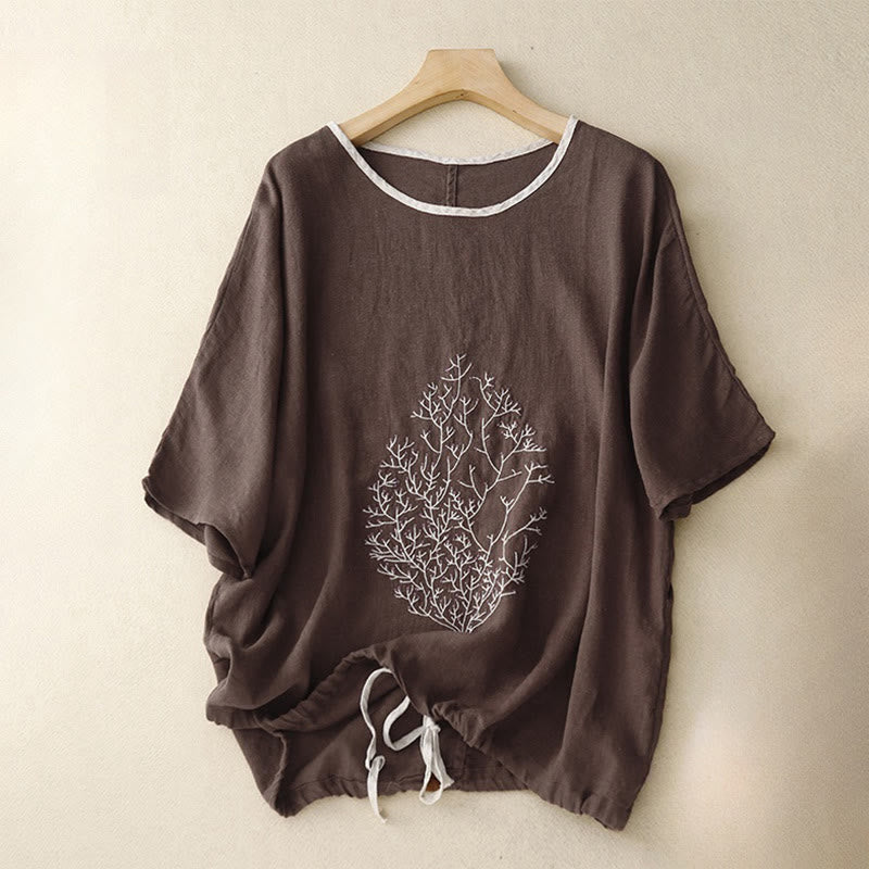 Casual Embroidery Tree Drawstring Women's Crew Neck Design Half Sleeve Cotton LinenT-Shirt