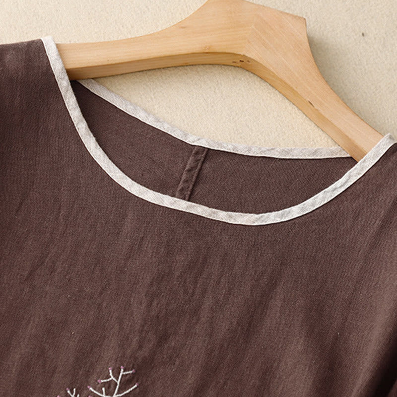 Casual Embroidery Tree Drawstring Women's Crew Neck Design Half Sleeve Cotton LinenT-Shirt