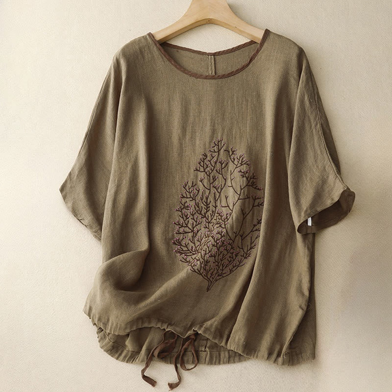 Casual Embroidery Tree Drawstring Women's Crew Neck Design Half Sleeve Cotton LinenT-Shirt