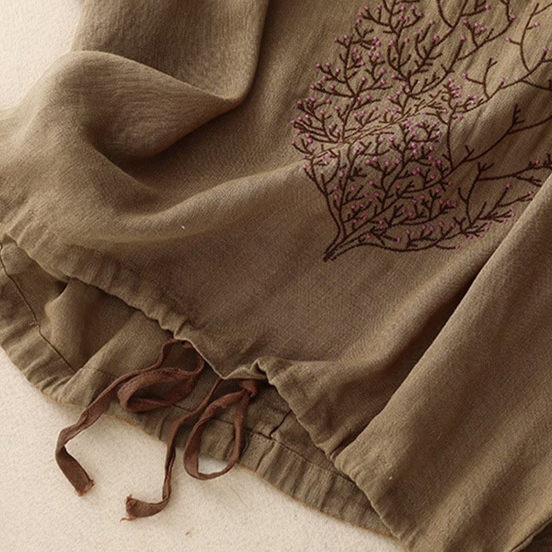 Casual Embroidery Tree Drawstring Women's Crew Neck Design Half Sleeve Cotton LinenT-Shirt