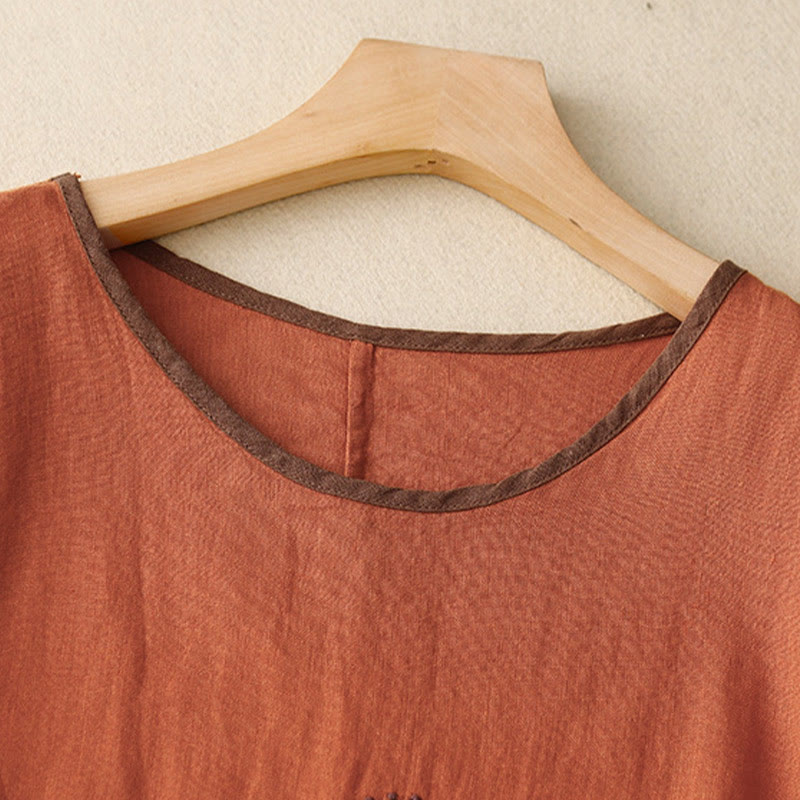 Casual Embroidery Tree Drawstring Women's Crew Neck Design Half Sleeve Cotton LinenT-Shirt