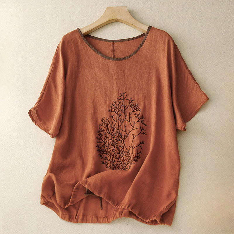 Casual Embroidery Tree Drawstring Women's Crew Neck Design Half Sleeve Cotton LinenT-Shirt
