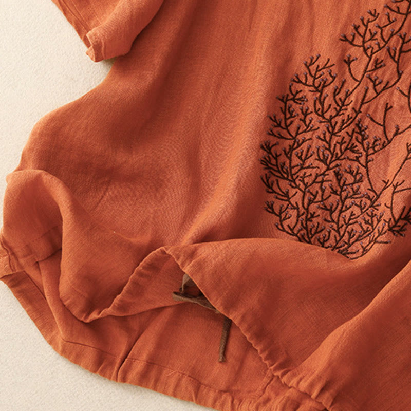 Casual Embroidery Tree Drawstring Women's Crew Neck Design Half Sleeve Cotton LinenT-Shirt