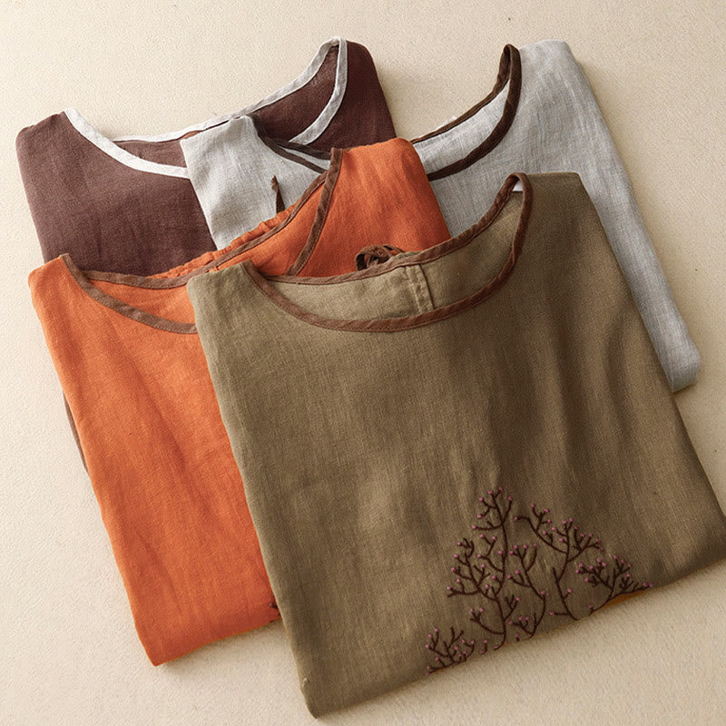 Casual Embroidery Tree Drawstring Women's Crew Neck Design Half Sleeve Cotton LinenT-Shirt