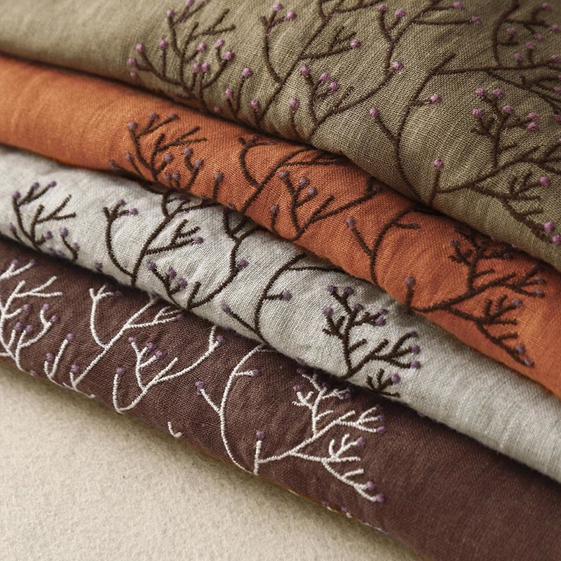 Casual Embroidery Tree Drawstring Women's Crew Neck Design Half Sleeve Cotton LinenT-Shirt