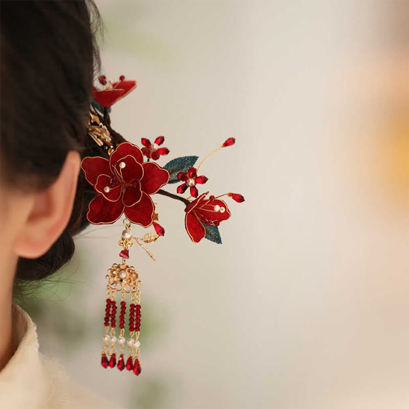 Classical Chinese Style Red Flower Butterfly Tassel Hair Comb Hairpin