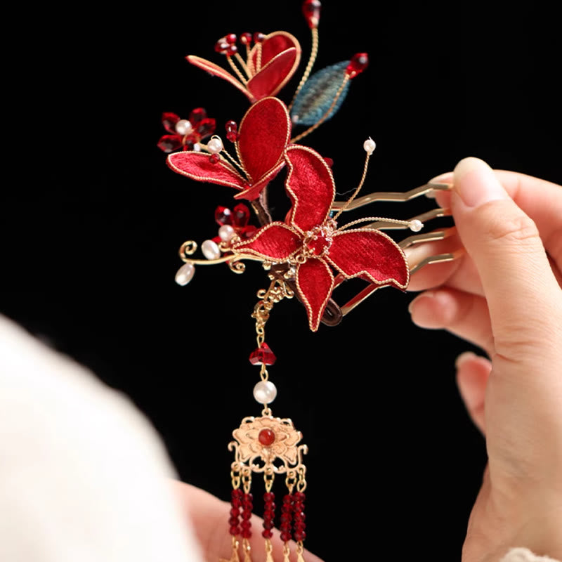 Classical Chinese Style Red Flower Butterfly Tassel Hair Comb Hairpin