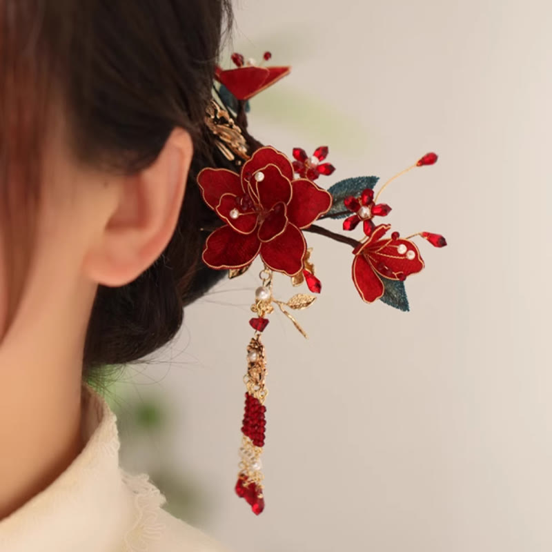 Classical Chinese Style Red Flower Butterfly Tassel Hair Comb Hairpin