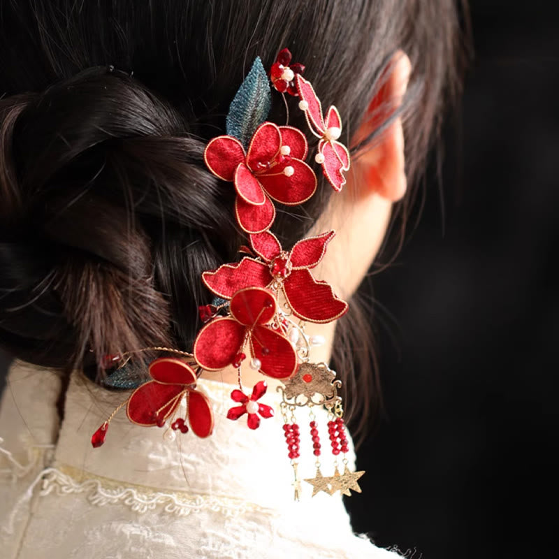 Classical Chinese Style Red Flower Butterfly Tassel Hair Comb Hairpin
