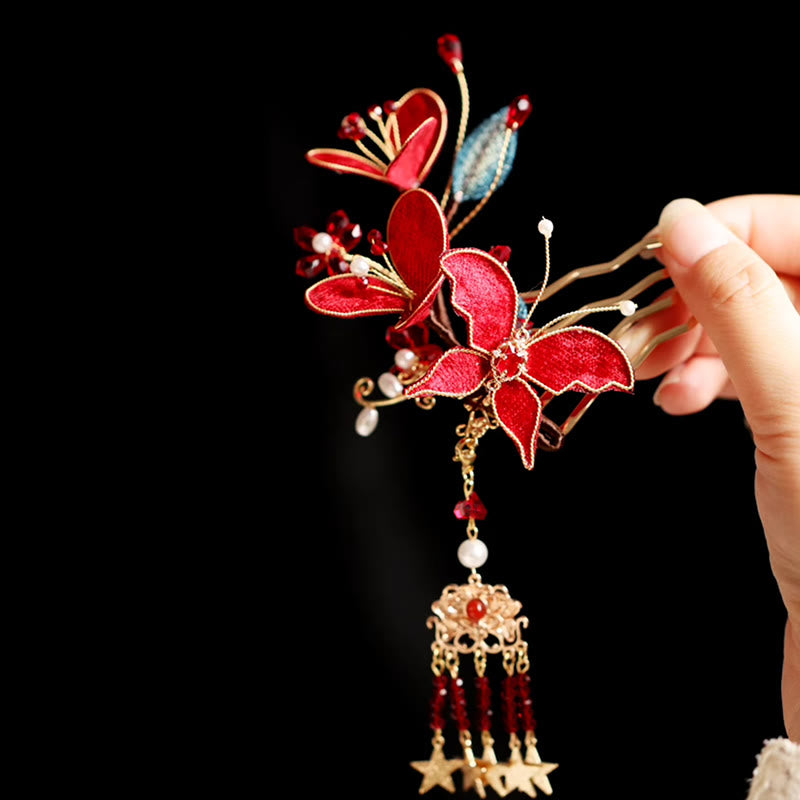 Classical Chinese Style Red Flower Butterfly Tassel Hair Comb Hairpin