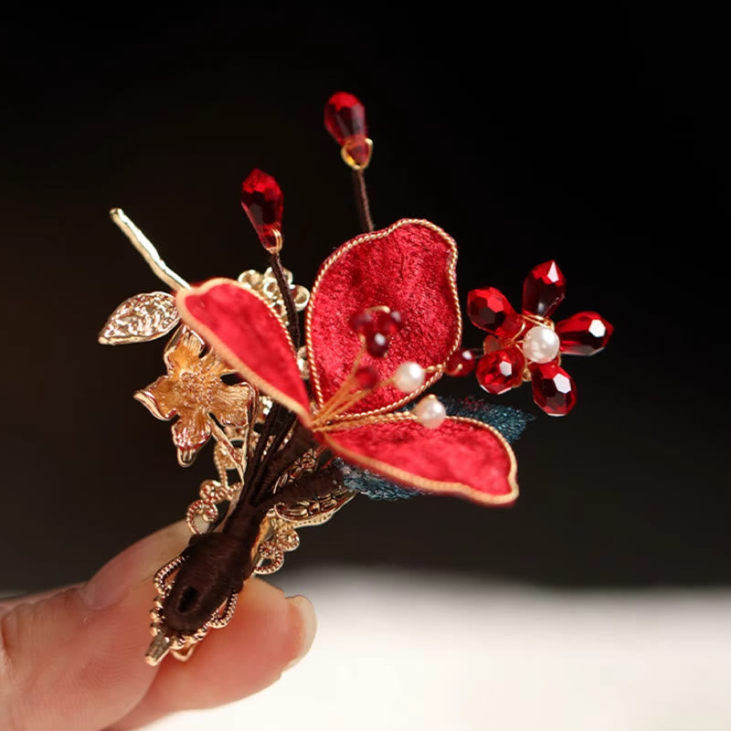 Classical Chinese Style Red Flower Butterfly Tassel Hair Comb Hairpin