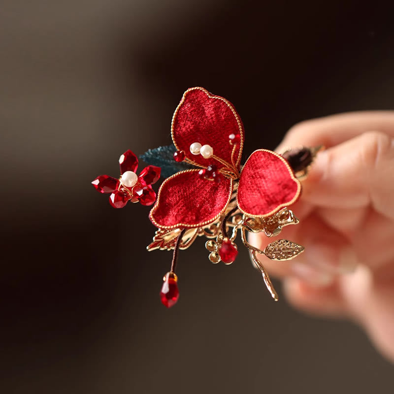 Classical Chinese Style Red Flower Butterfly Tassel Hair Comb Hairpin