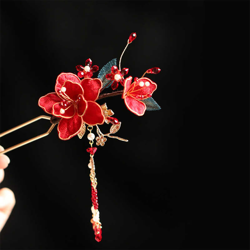 Classical Chinese Style Red Flower Butterfly Tassel Hair Comb Hairpin