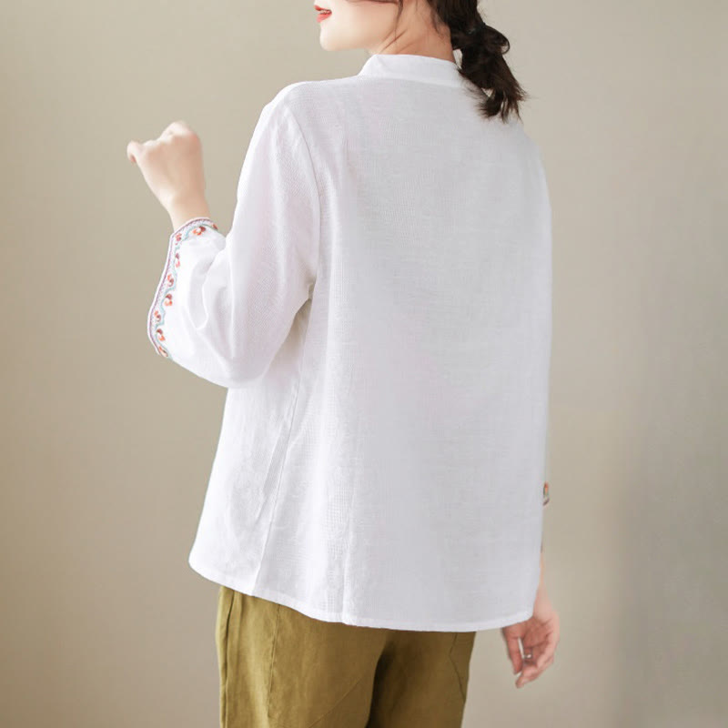 Casual Jacquard Frog-Button Women's Crew Neck Design Three Quarter Sleeve Cotton Linen Shirt