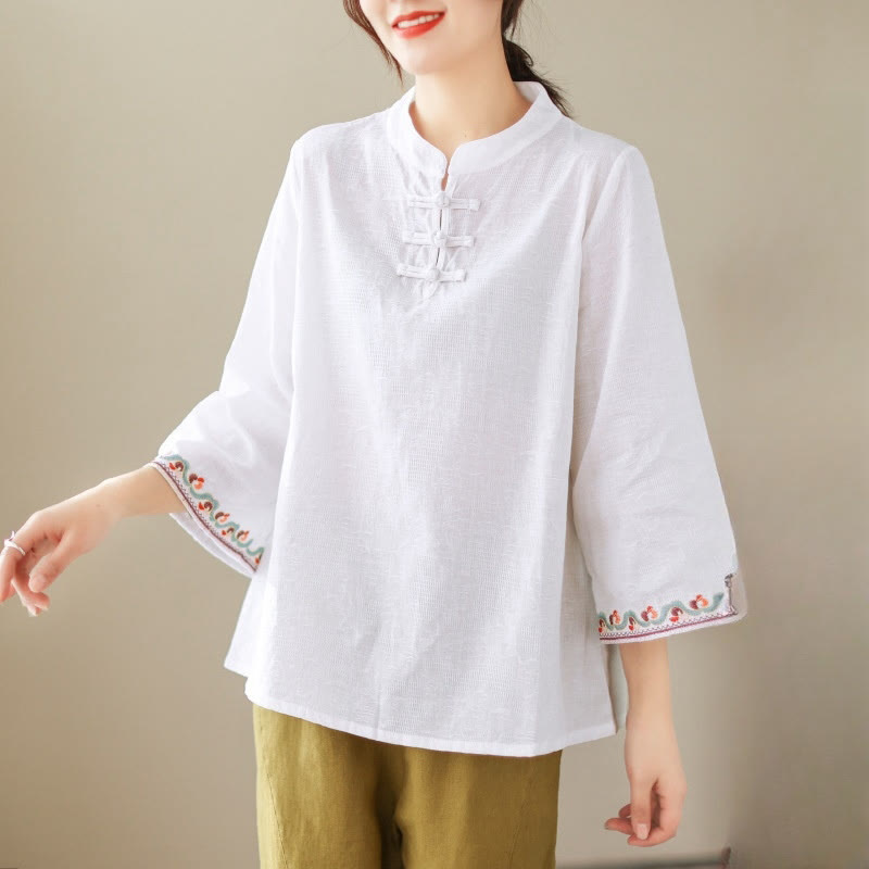 Casual Jacquard Frog-Button Women's Crew Neck Design Three Quarter Sleeve Cotton Linen Shirt